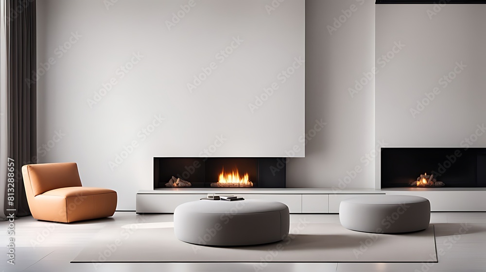 Sofa and pouf against wall with fireplace. Minimalist interior design of modern living room, home. Sofa and pouf against wall with fireplace. Minimalist interior design of modern living room, home.