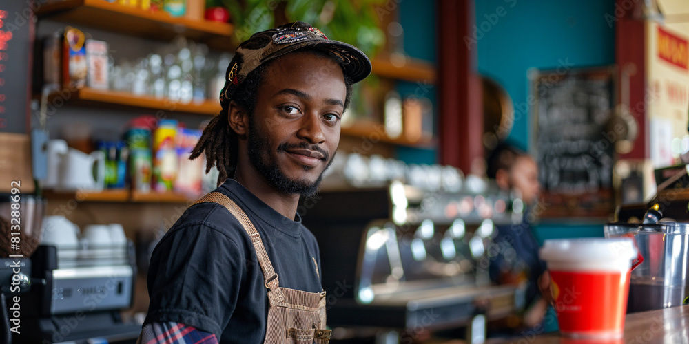 man in bar, cafe worker, cafe, barista, coffee, worker, trendy, stylish, man, in cap and apron man in bar, cafe worker, cafe, barista, coffee, worker, trendy, stylish, man, in cap and apron