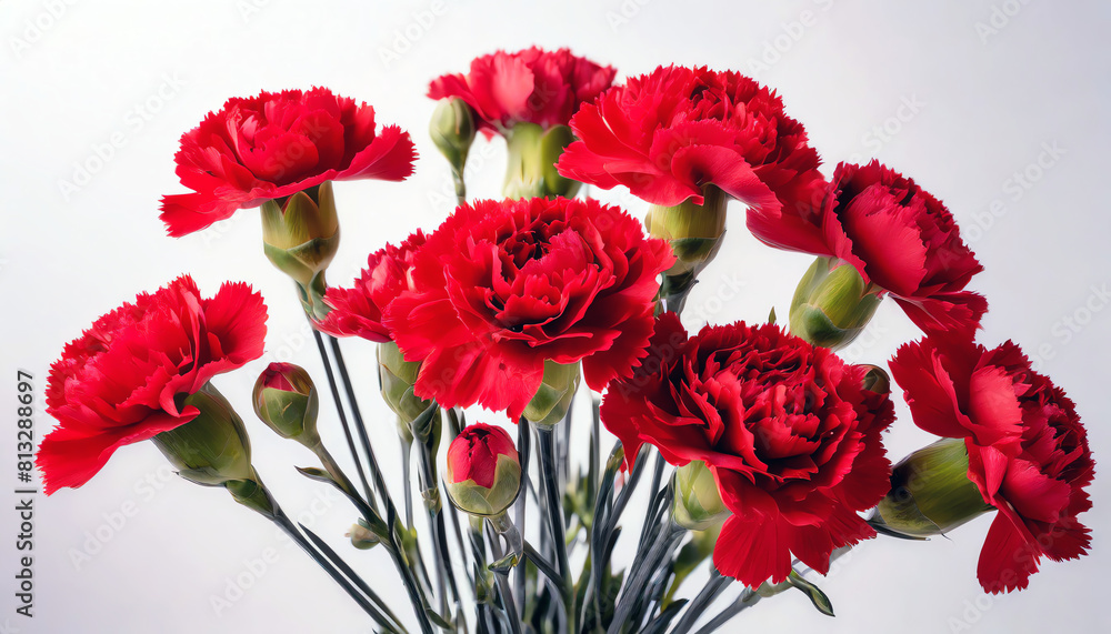 Fototapeta premium Bouquet of red carnations on simple white background