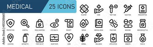 vector illustration.icon set health.2 line color style.contains medicine,fracture,medical book,blood,serum,medicine receipt,eye health,medicine shopping.ui for app and web medical.