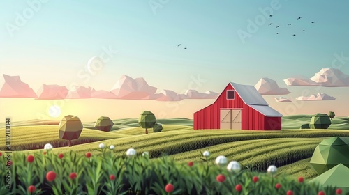Low poly farm landscape with barn and fields.