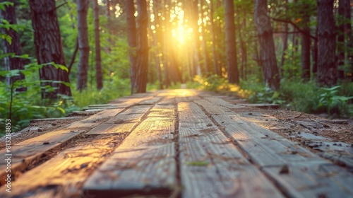 Wooden boardwalk in the forest at sunset. Beautiful summer landscape.