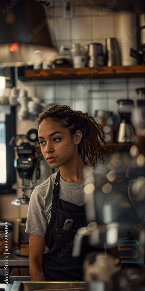 Female cafe barista worker, brown skin, African American, hair, beautiful woman, coffee maker, service industry, customer service, restaurant bespoke authentic.