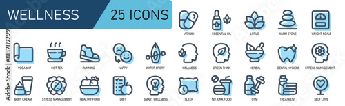 vector set.icon collection wellness.lineal style color.contains dental hygiene,phytotherapy,green thoughts,wellness,kayaking,happy,shoes,running,sports,hot tea,mattress,yoga.