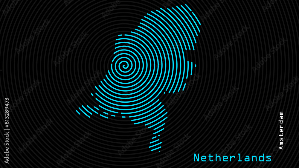 A map of Netherlands, with a dark background and the country's outline in the shape of a colored spiral, centered around the capital. A simple sketch of the country. A map of Netherlands, with a dark background and the country's outline in the shape of a colored spiral, centered around the capital. A simple sketch of the country.