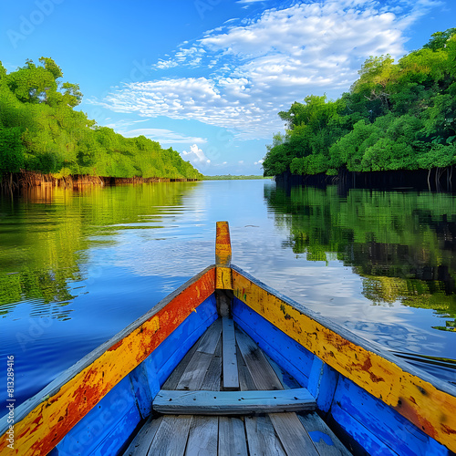 Peaceful Serenity: A Wooden Boat Floating on a Mirror-Like River Under a Clear Blue Sky