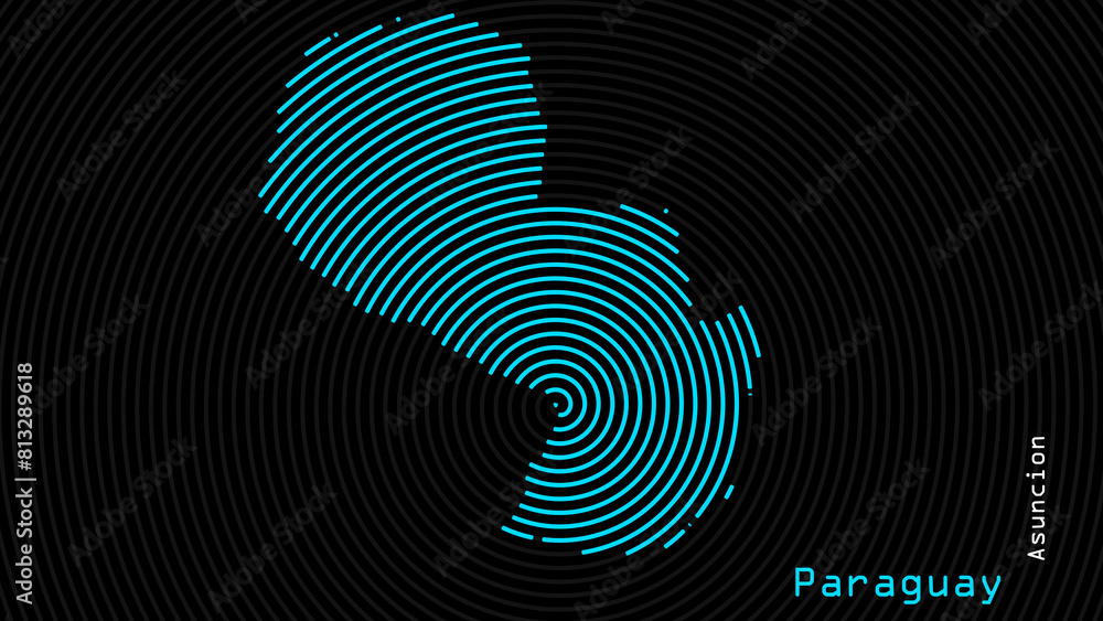 A map of Paraguay, with a dark background and the country's outline in the shape of a colored spiral, centered around the capital. A simple sketch of the country. A map of Paraguay, with a dark background and the country's outline in the shape of a colored spiral, centered around the capital. A simple sketch of the country.