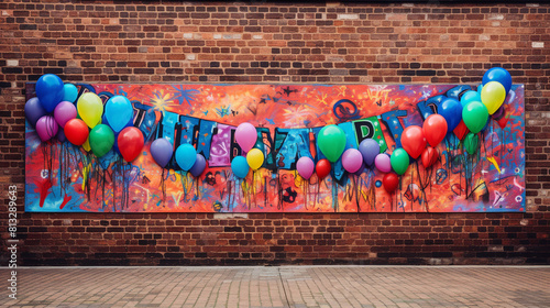 A birthday banner draped across a brick wall  adorned with vibrant graffiti art and playful messages.