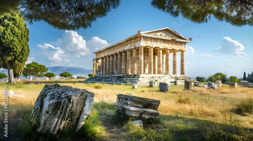 The ancient city of Paestum, home to some of the best-preserved Greek temples outside of Greece, set against a backdrop of sun-drenched olive groves and shimmering seas. photo