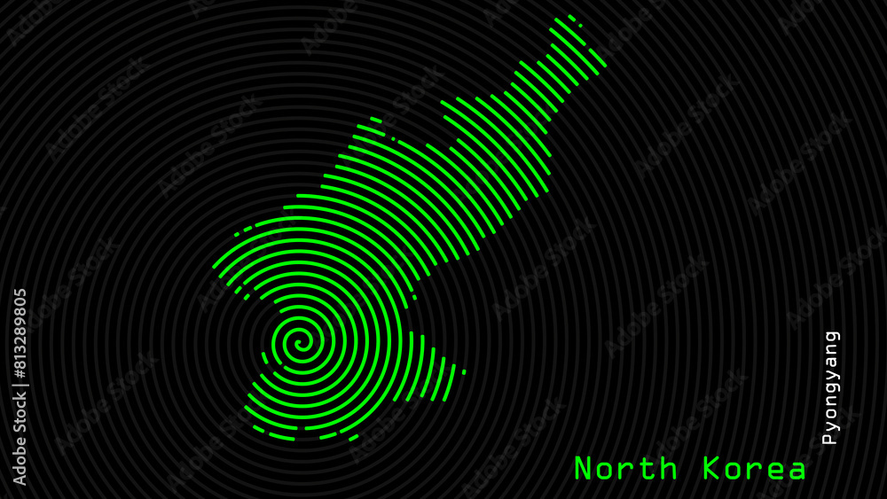 A map of North Korea, with a dark background and the country's outline in the shape of a colored spiral, centered around the capital. A simple sketch of the country. A map of North Korea, with a dark background and the country's outline in the shape of a colored spiral, centered around the capital. A simple sketch of the country.