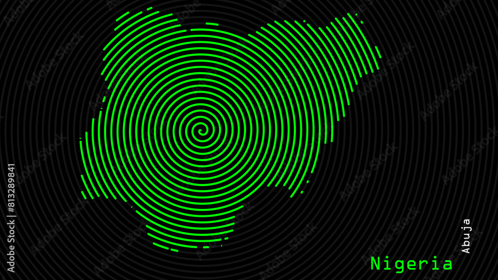 A map of Nigeria, with a dark background and the country's outline in the shape of a colored spiral, centered around the capital. A simple sketch of the country. A map of Nigeria, with a dark background and the country's outline in the shape of a colored spiral, centered around the capital. A simple sketch of the country.