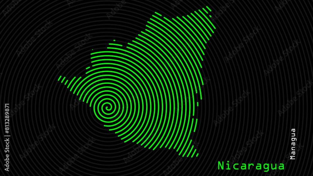 A map of Nicaragua, with a dark background and the country's outline in the shape of a colored spiral, centered around the capital. A simple sketch of the country. A map of Nicaragua, with a dark background and the country's outline in the shape of a colored spiral, centered around the capital. A simple sketch of the country.