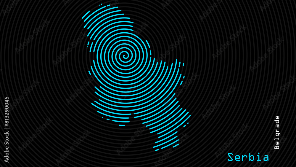 A map of Serbia, with a dark background and the country's outline in the shape of a colored spiral, centered around the capital. A simple sketch of the country. A map of Serbia, with a dark background and the country's outline in the shape of a colored spiral, centered around the capital. A simple sketch of the country.