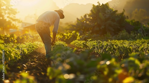 A farmer works in a lush green field, the sun rising over the horizon. #813290074