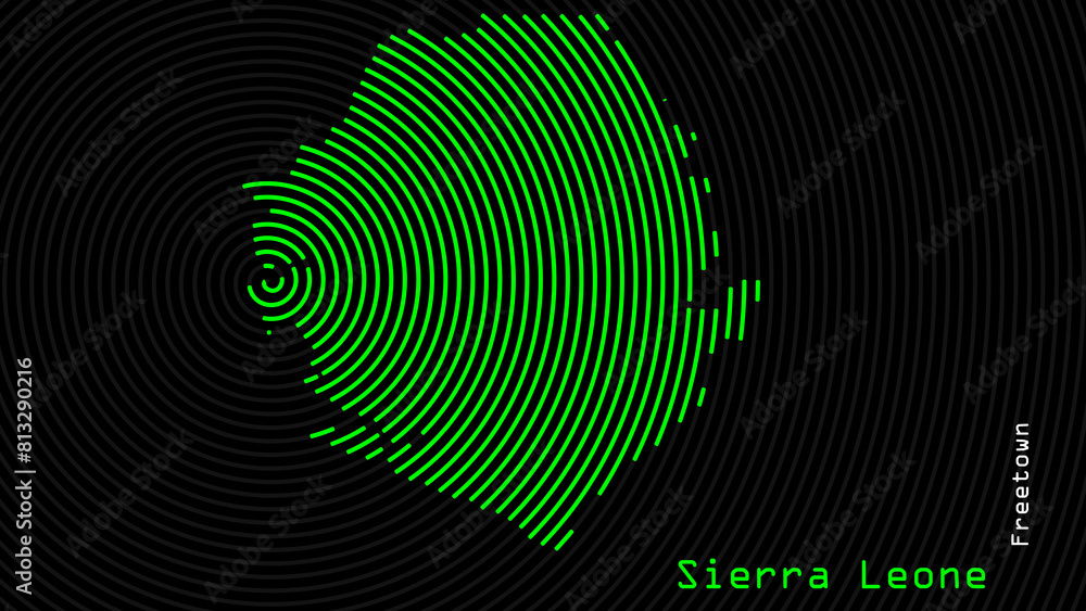 A map of Sierra Leone, with a dark background and the country's outline in the shape of a colored spiral, centered around the capital. A simple sketch of the country.