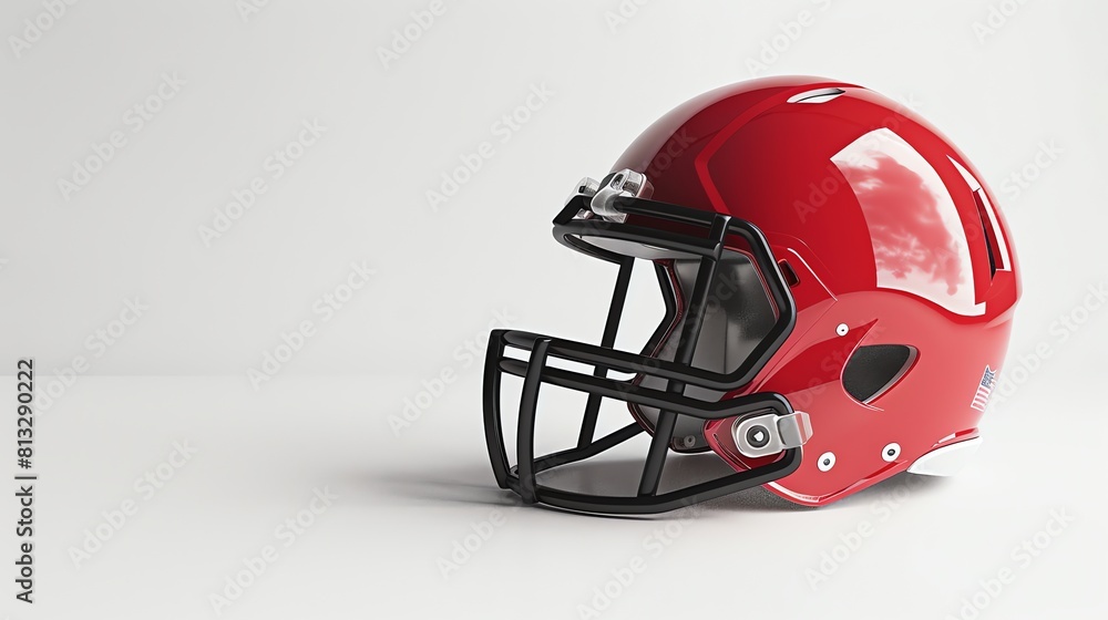 Fototapeta premium Red American football helmet on a white background. The helmet is glossy and has a black facemask.