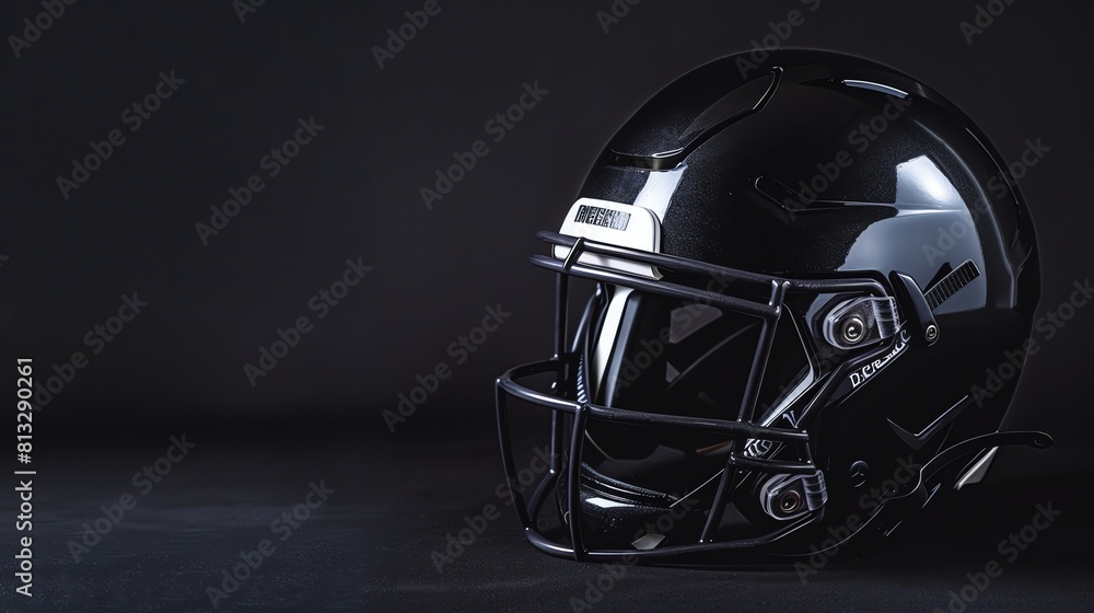 Fototapeta premium A black football helmet with a glossy finish is sitting on a dark surface.