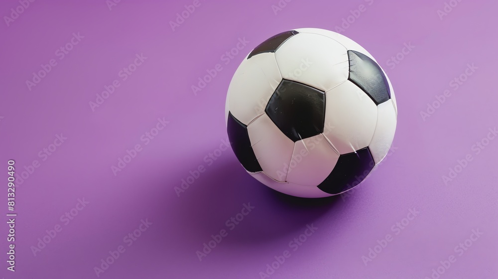 A black and white soccer ball sits on a purple background. The ball is slightly deflated and has a textured surface.