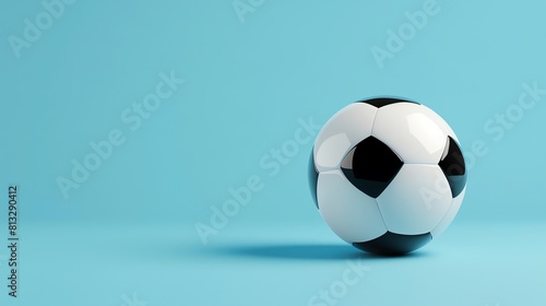 A classic black and white soccer ball sits on a blue background. The ball is perfectly centered and lit, with a soft shadow falling behind it.