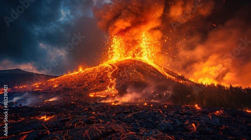 Close-up view of a volcanic eruption with molten lava spewing against a dark sky filled with smoke