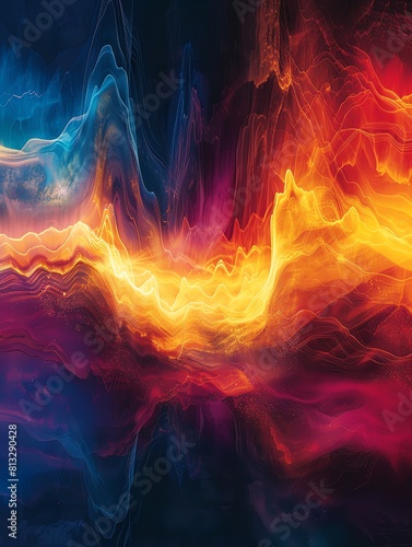 Cover for a music album with abstract art, front view, visualizing sound waves, advanced tone, Complementary Color Scheme