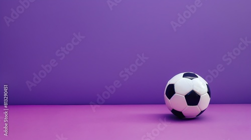 A soccer ball sits on a purple background. The ball is black and white, and the background is a deep purple.