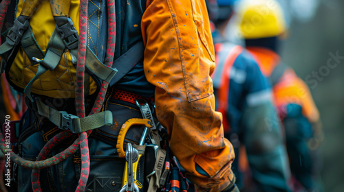 Two industrial rope access workers equipped with safety gear, including harnesses and helmets, in a work setting.