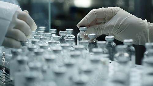 Gloved hands carefully labeling medical vials before they are packaged for distribution.