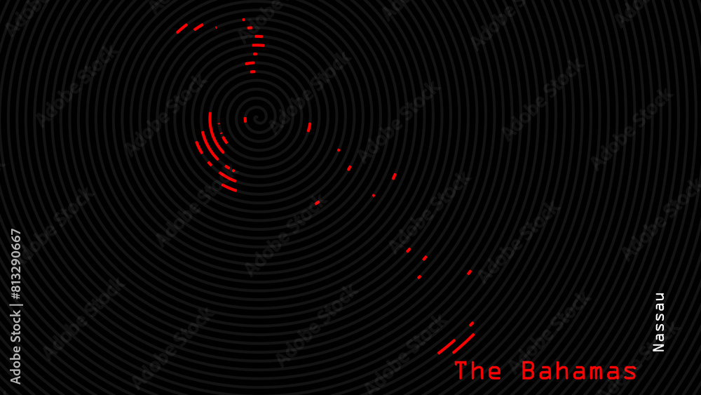 A map of The Bahamas, with a dark background and the country's outline in the shape of a colored spiral, centered around the capital. A simple sketch of the country. A map of The Bahamas, with a dark background and the country's outline in the shape of a colored spiral, centered around the capital. A simple sketch of the country.