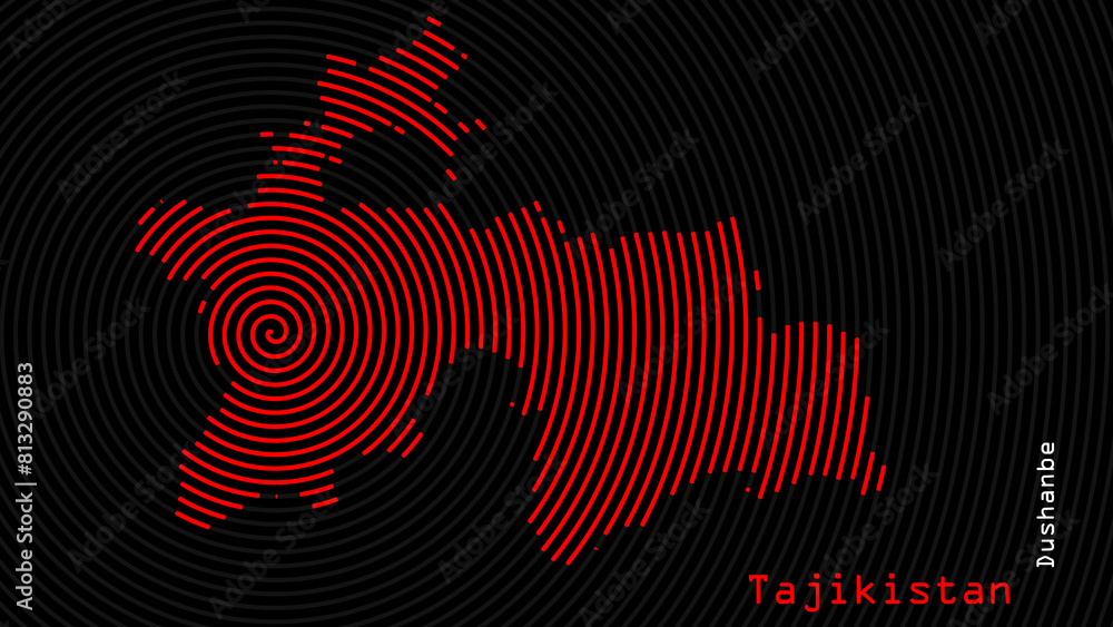 A map of Tajikistan, with a dark background and the country's outline in the shape of a colored spiral, centered around the capital. A simple sketch of the country. A map of Tajikistan, with a dark background and the country's outline in the shape of a colored spiral, centered around the capital. A simple sketch of the country.