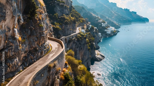 The breathtaking Amalfi Coast, with its winding coastal roads offering panoramic views of dramatic cliffs, picturesque villages, and crystal-clear waters below