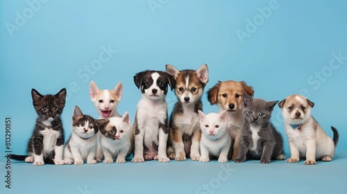 Large group of cats and dogs looking at the camera on blue background © Ammar