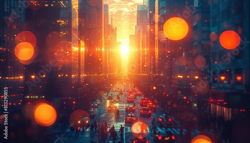 Sunset Glow Over Busy City Street