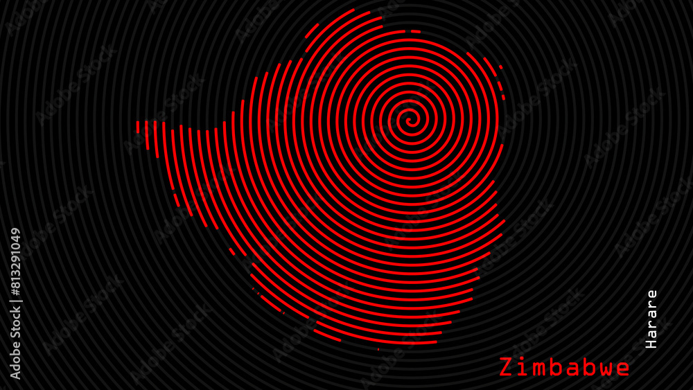 A map of Zimbabwe, with a dark background and the country's outline in the shape of a colored spiral, centered around the capital. A simple sketch of the country. A map of Zimbabwe, with a dark background and the country's outline in the shape of a colored spiral, centered around the capital. A simple sketch of the country.