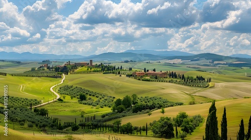the breathtaking landscape of the Val d'Orcia in Tuscany, with its rolling hills, cypress-lined roads, and medieval hilltop towns like Pienza and Montalcino dotting the countryside. photo