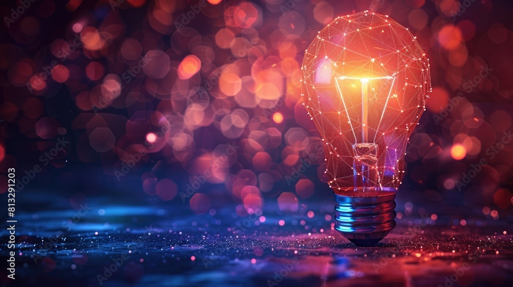 Innovation technology with holographic glowing low polygonal light bulb dark background Innovation technology with holographic glowing low polygonal light bulb dark background