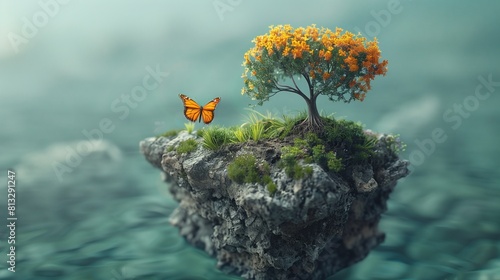 Floating Island with Autumn Tree and Butterfly