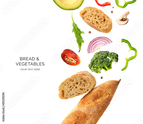Creative layout made of bread, tomato, avocado, onion, pepper and broccoli on the white background. Food concept. Macro concept. (ID: 813291296)