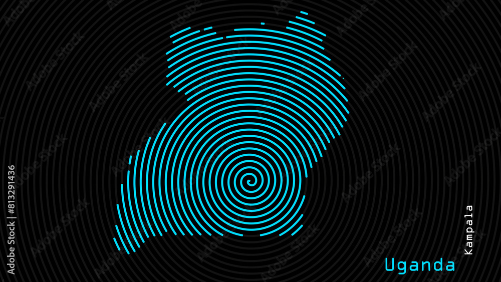 A map of Uganda, with a dark background and the country's outline in the shape of a colored spiral, centered around the capital. A simple sketch of the country. A map of Uganda, with a dark background and the country's outline in the shape of a colored spiral, centered around the capital. A simple sketch of the country.