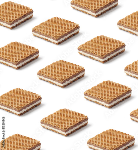 Creative layout made of waffles on the white background. Food concept. Macro concept. (ID: 813291442)