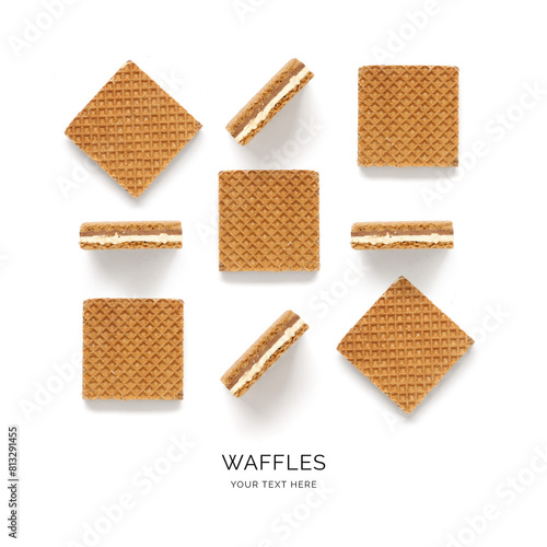 Creative layout made of waffles on the white background. Food concept. Macro concept. (ID: 813291455)