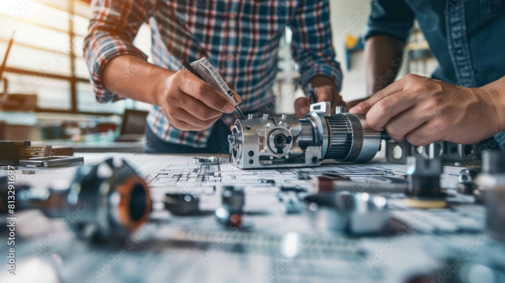 A Close-up view of engineers and technicians designing and engineering mechanical parts. Industrial engine factory, blueprints, bearing measurement, calipers, tools, industrial background. A Close-up view of engineers and technicians designing and engineering mechanical parts. Industrial engine factory, blueprints, bearing measurement, calipers, tools, industrial background.