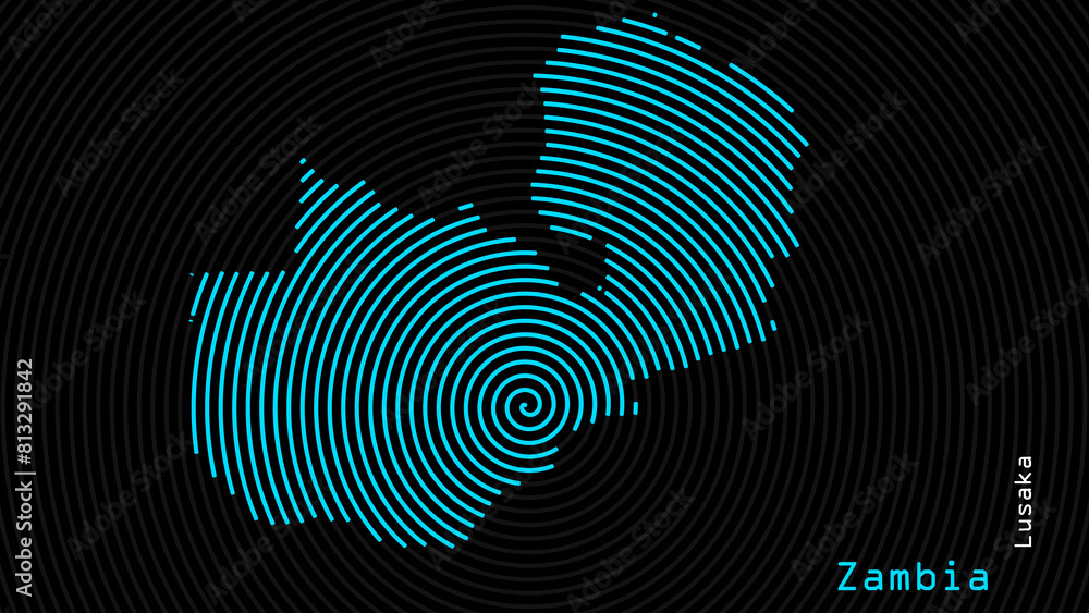 A map of Zambia, with a dark background and the country's outline in the shape of a colored spiral, centered around the capital. A simple sketch of the country. A map of Zambia, with a dark background and the country's outline in the shape of a colored spiral, centered around the capital. A simple sketch of the country.