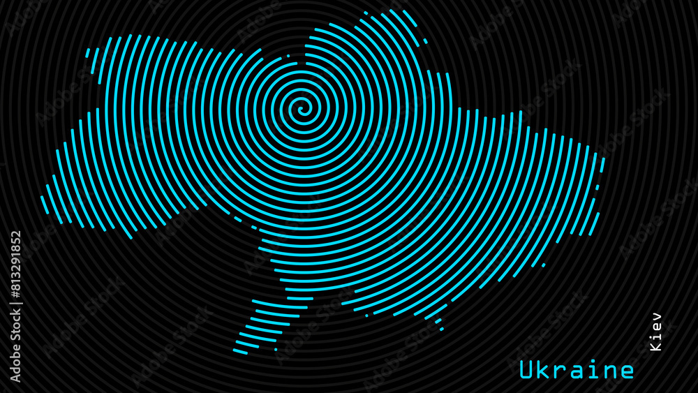 A map of Ukraine, with a dark background and the country's outline in the shape of a colored spiral, centered around the capital. A simple sketch of the country. A map of Ukraine, with a dark background and the country's outline in the shape of a colored spiral, centered around the capital. A simple sketch of the country.