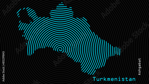 A map of Turkmenistan, with a dark background and the country's outline in the shape of a colored spiral, centered around the capital. A simple sketch of the country.