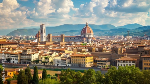 The historic city of Florence, Italy, with its iconic Duomo and Renaissance architecture set against a backdrop of rolling Tuscan hills and vineyards.