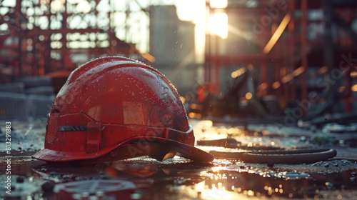 A red safety helmet lies abandoned on a wet surface at a construction site during sunset.