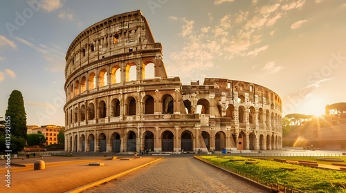 The iconic Colosseum in Rome, bathed in golden sunlight against a backdrop of lush greenery and vibrant blue skies.