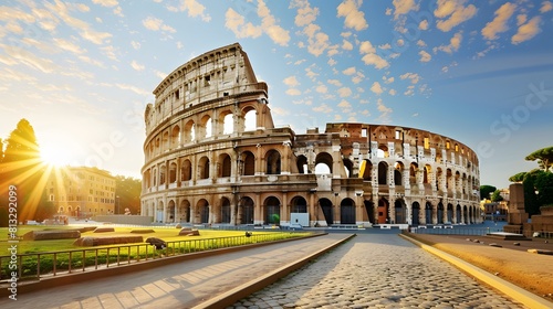 The iconic Colosseum in Rome  bathed in golden sunlight against a backdrop of lush greenery and vibrant blue skies.