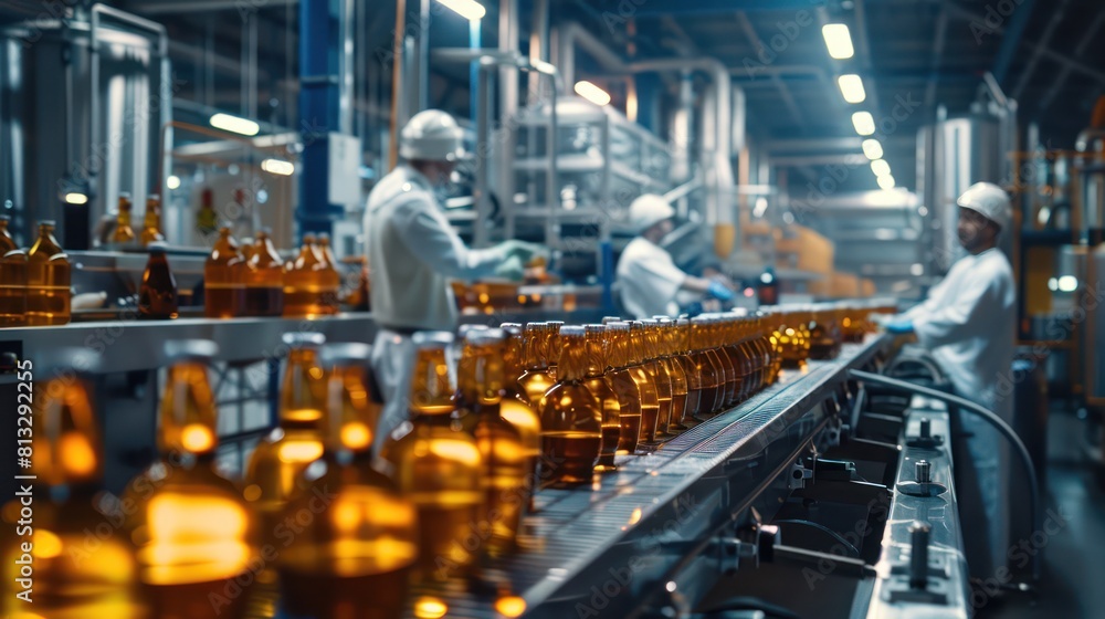 Naklejka premium Factory industrial, A Beverage factory production line supervisor and employees working together on beverage production line in beverage factory, industrial background.
